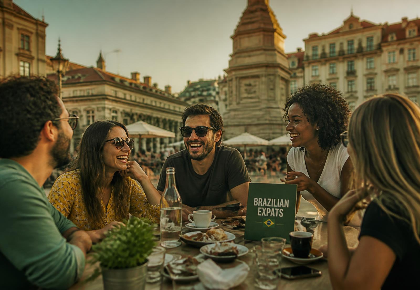 Brasileiros reunidos em uma mesa ao ar livre numa praça europeia